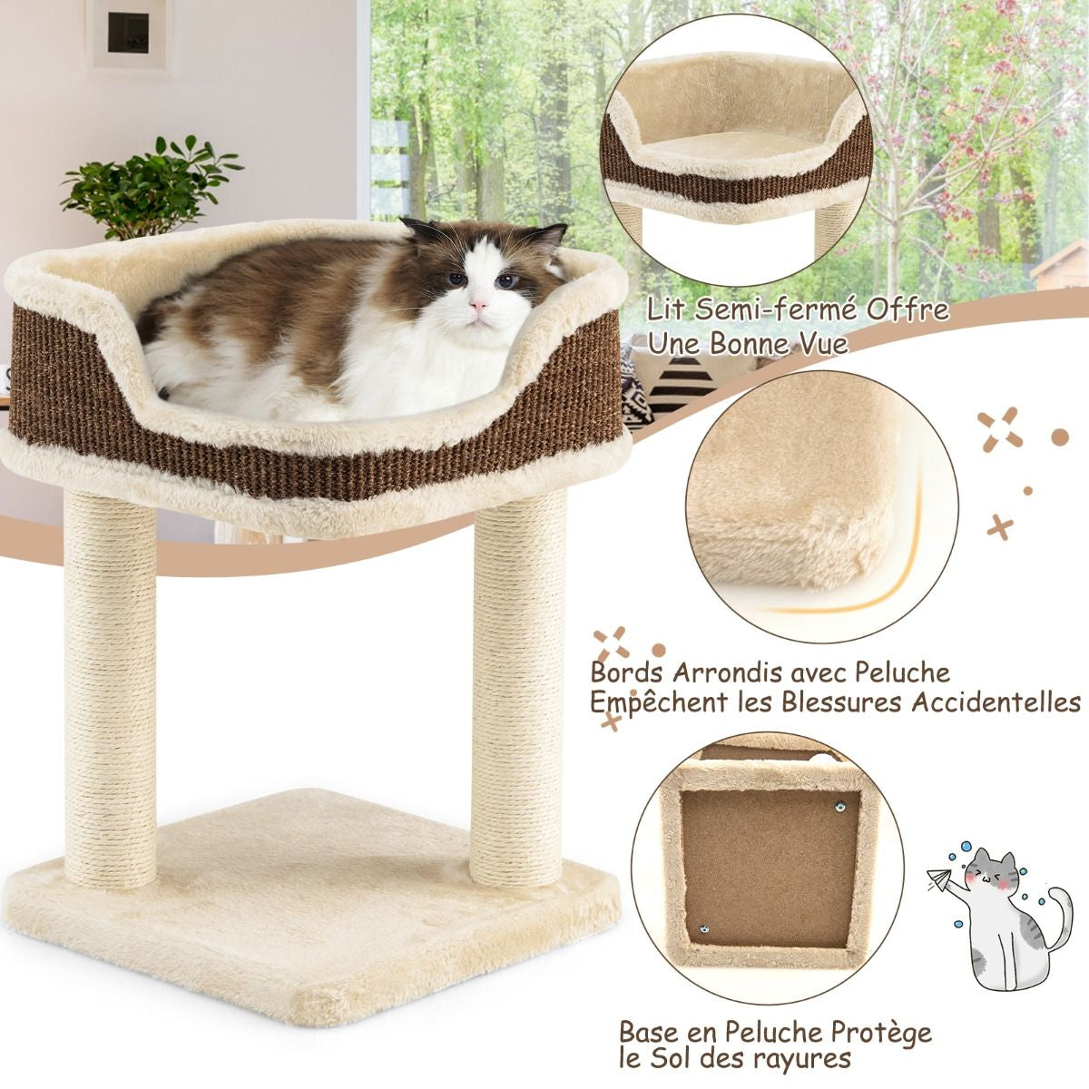 Arbre à Chat Compact avec Perchoir Douillet et Griffoirs - Gris/Beige