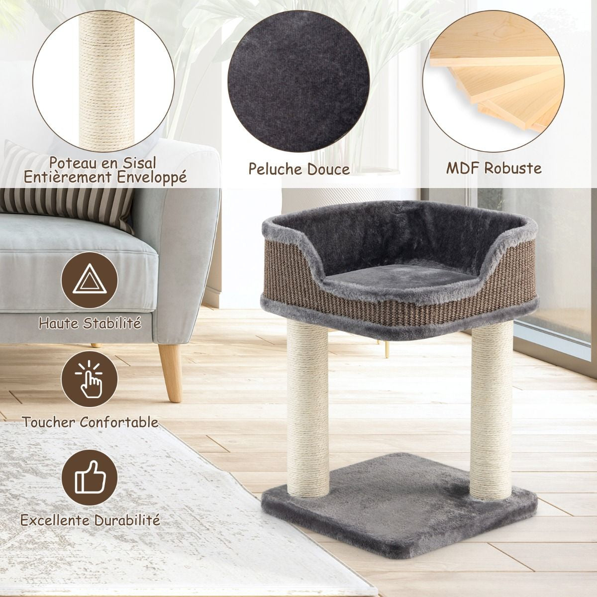 Arbre à Chat Compact avec Perchoir Douillet et Griffoirs - Gris/Beige