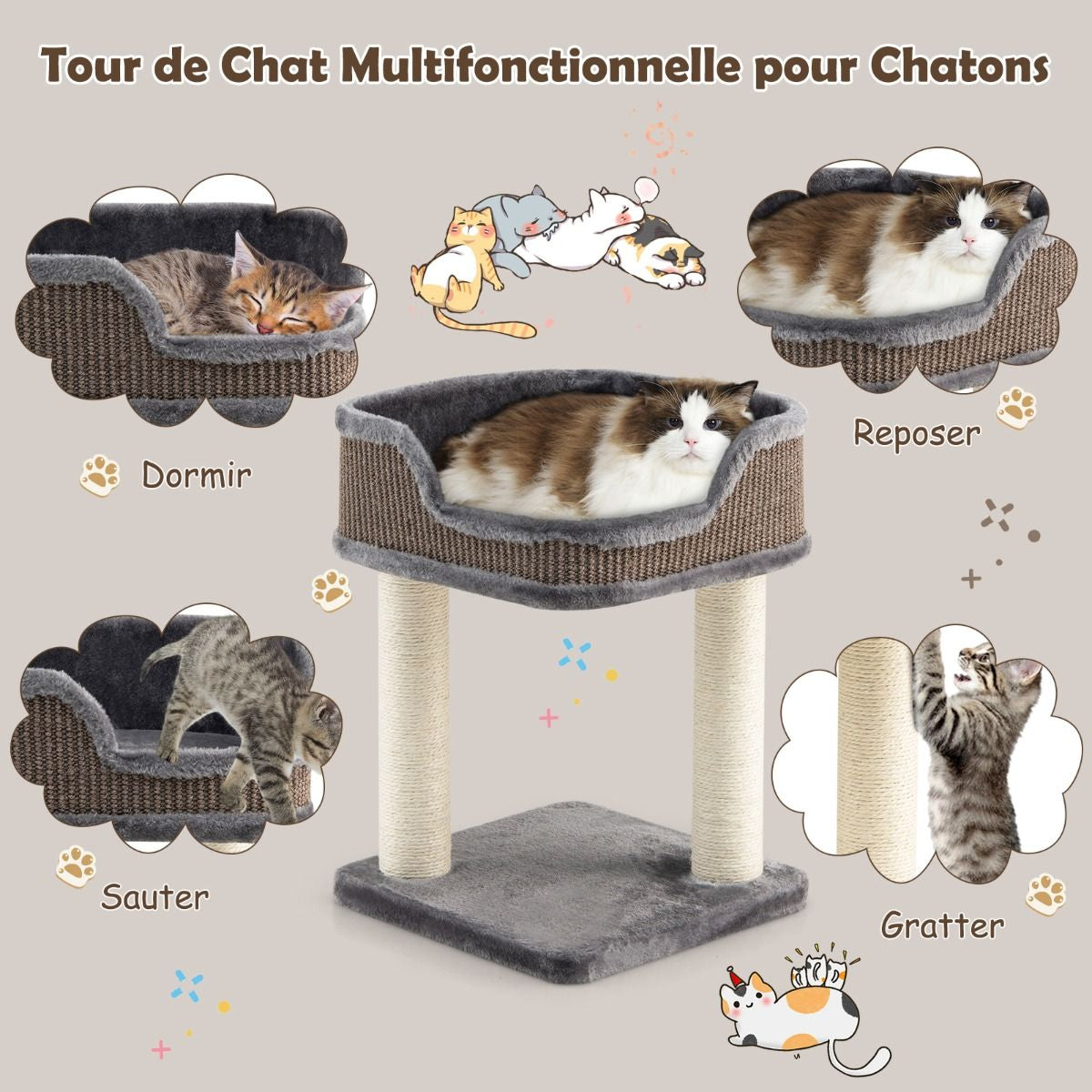 Arbre à Chat Compact avec Perchoir Douillet et Griffoirs - Gris/Beige