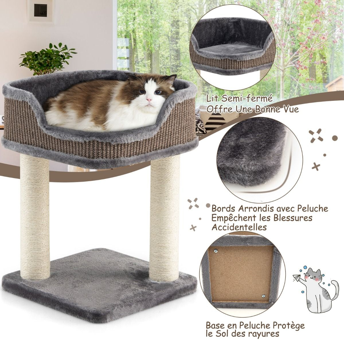 Arbre à Chat Compact avec Perchoir Douillet et Griffoirs - Gris/Beige