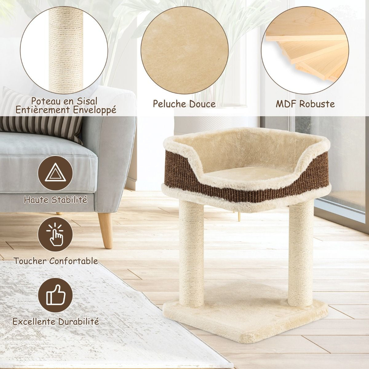 Arbre à Chat Compact avec Perchoir Douillet et Griffoirs - Gris/Beige