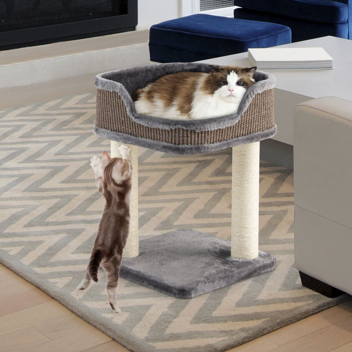 Arbre à Chat Compact avec Perchoir Douillet et Griffoirs - Gris/Beige