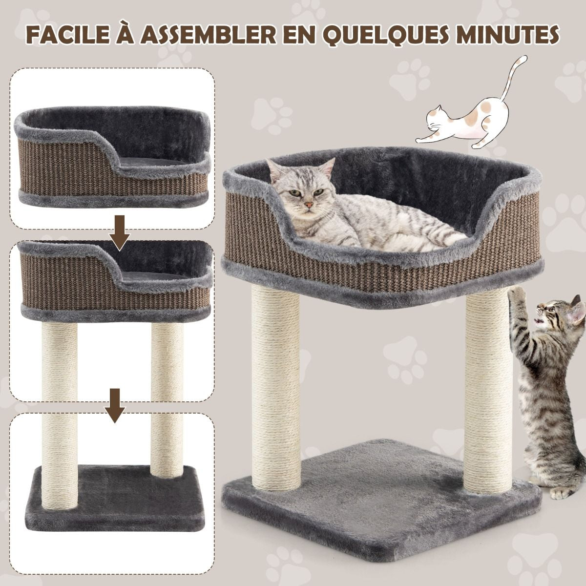 Arbre à Chat Compact avec Perchoir Douillet et Griffoirs - Gris/Beige