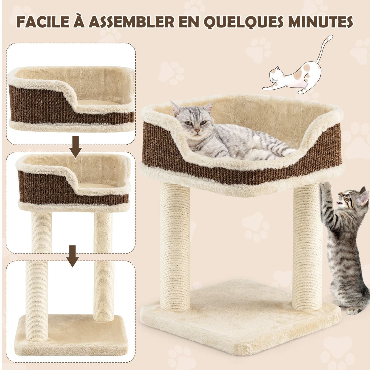 Arbre à Chat Compact avec Perchoir Douillet et Griffoirs - Gris/Beige