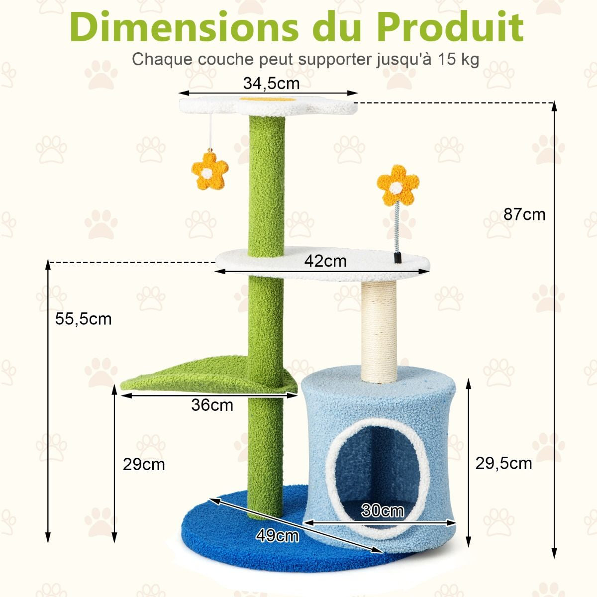 Fleur de Chat : Arbre À Chat 87 CM avec Niche, Griffoirs en Sisal et 5 Niveaux de Jeu avec Boules de Peluche