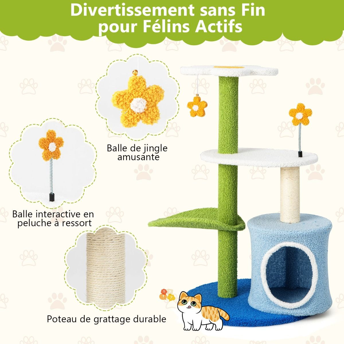 Fleur de Chat : Arbre À Chat 87 CM avec Niche, Griffoirs en Sisal et 5 Niveaux de Jeu avec Boules de Peluche