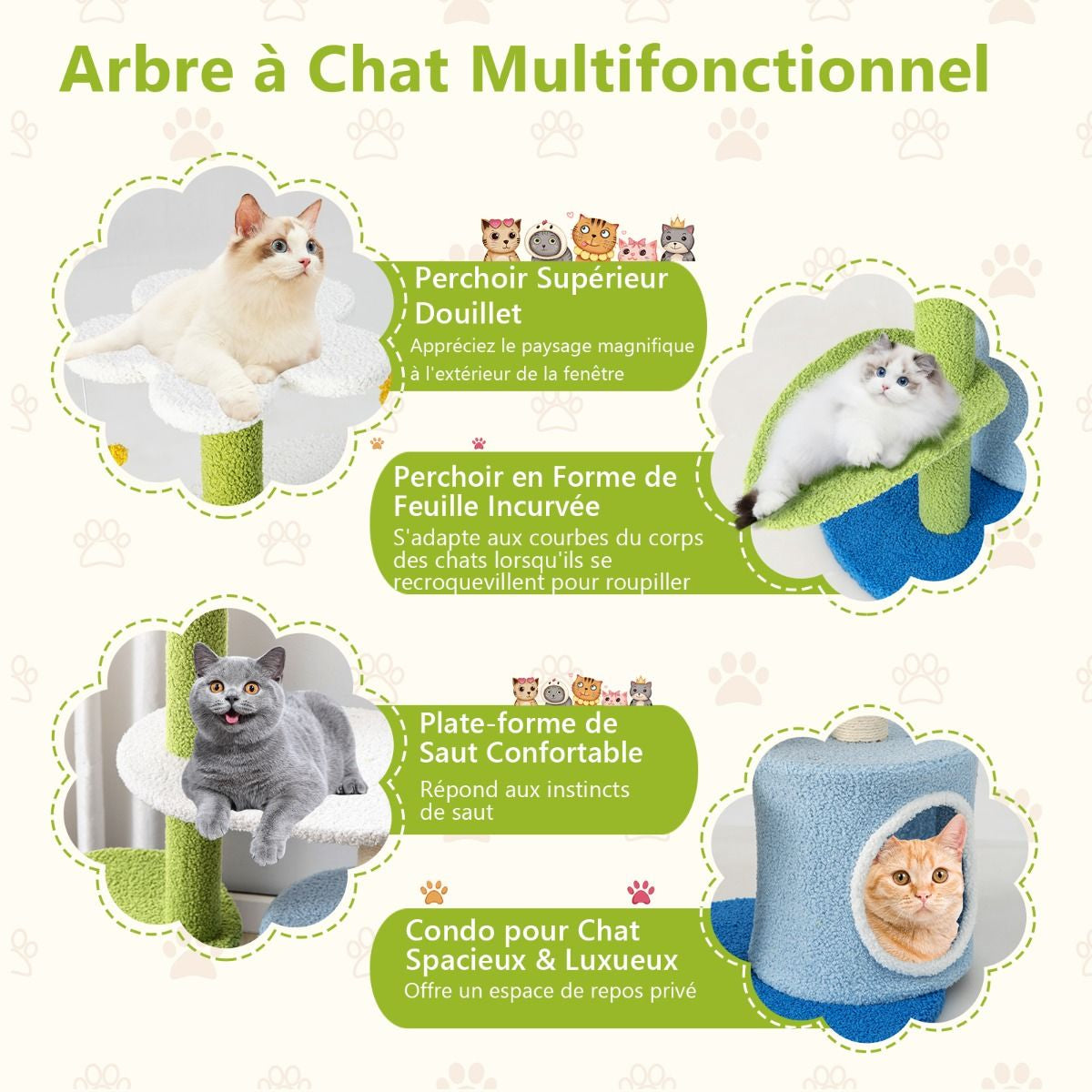 Fleur de Chat : Arbre À Chat 87 CM avec Niche, Griffoirs en Sisal et 5 Niveaux de Jeu avec Boules de Peluche
