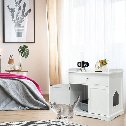 Armoire à Litière pour Chat - Meuble Élégant avec Tiroir et 2 Portes en Blanc/Noir, Pratique et Esthétique