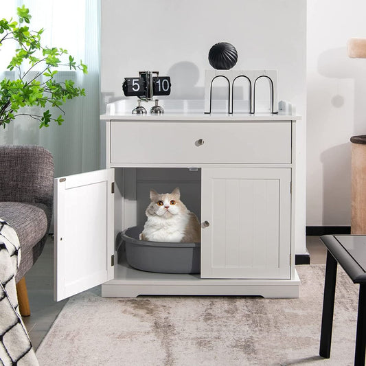 Armoire à Litière pour Chat - Meuble Élégant avec Tiroir et 2 Portes en Blanc/Noir, Pratique et Esthétique