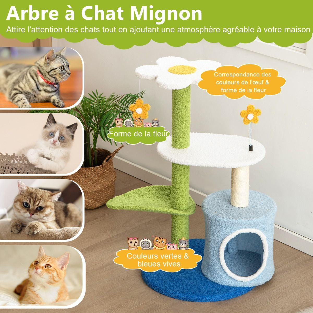 Fleur de Chat : Arbre À Chat 87 CM avec Niche, Griffoirs en Sisal et 5 Niveaux de Jeu avec Boules de Peluche