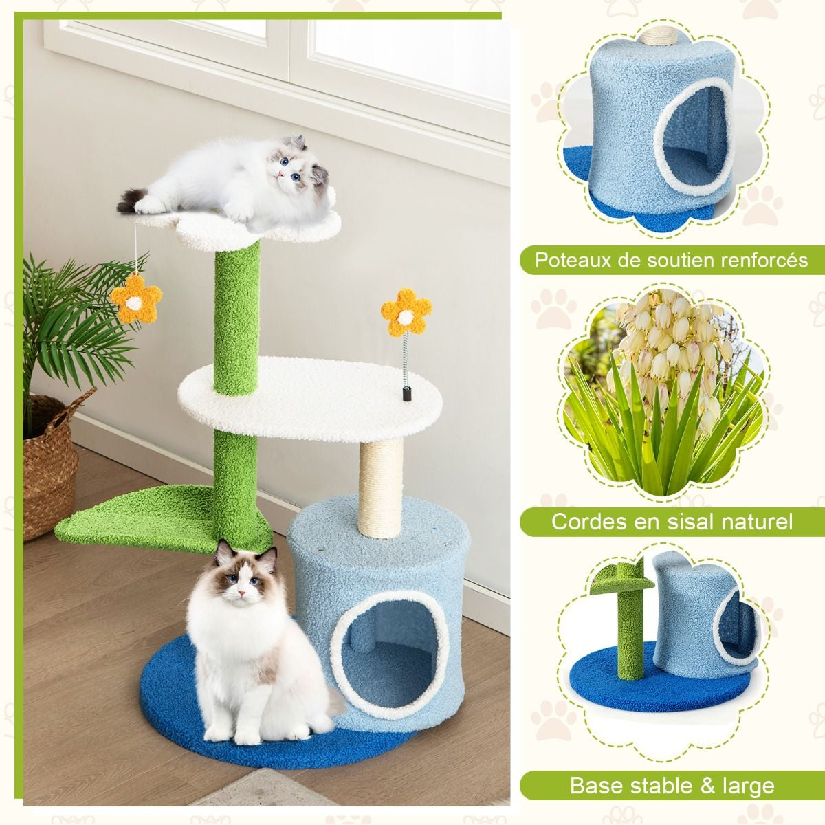 Fleur de Chat : Arbre À Chat 87 CM avec Niche, Griffoirs en Sisal et 5 Niveaux de Jeu avec Boules de Peluche